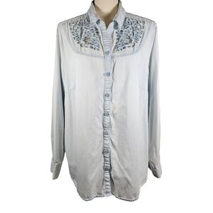 Vintage Roaman's Light Wash Denim Cutwork Embroridered Button Front Shirt, 18W